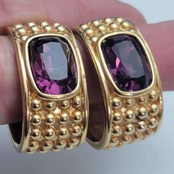 S.A.L VTG Swarovski Purple Crystal Chunky Gold Hoop Earrings - Picture 4 of 8